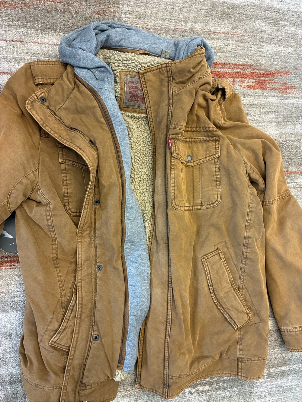 Levi's Tan Canvas Hooded Field Jacket with Gray Hoodie Layer